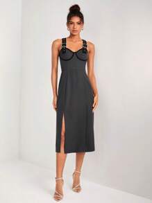 BROSKOV 设计师对比色绑带开叉大腿吊带优雅连衣裙，节日、派对、感恩节、新年前夜服装 - 深灰色 - 查看 1