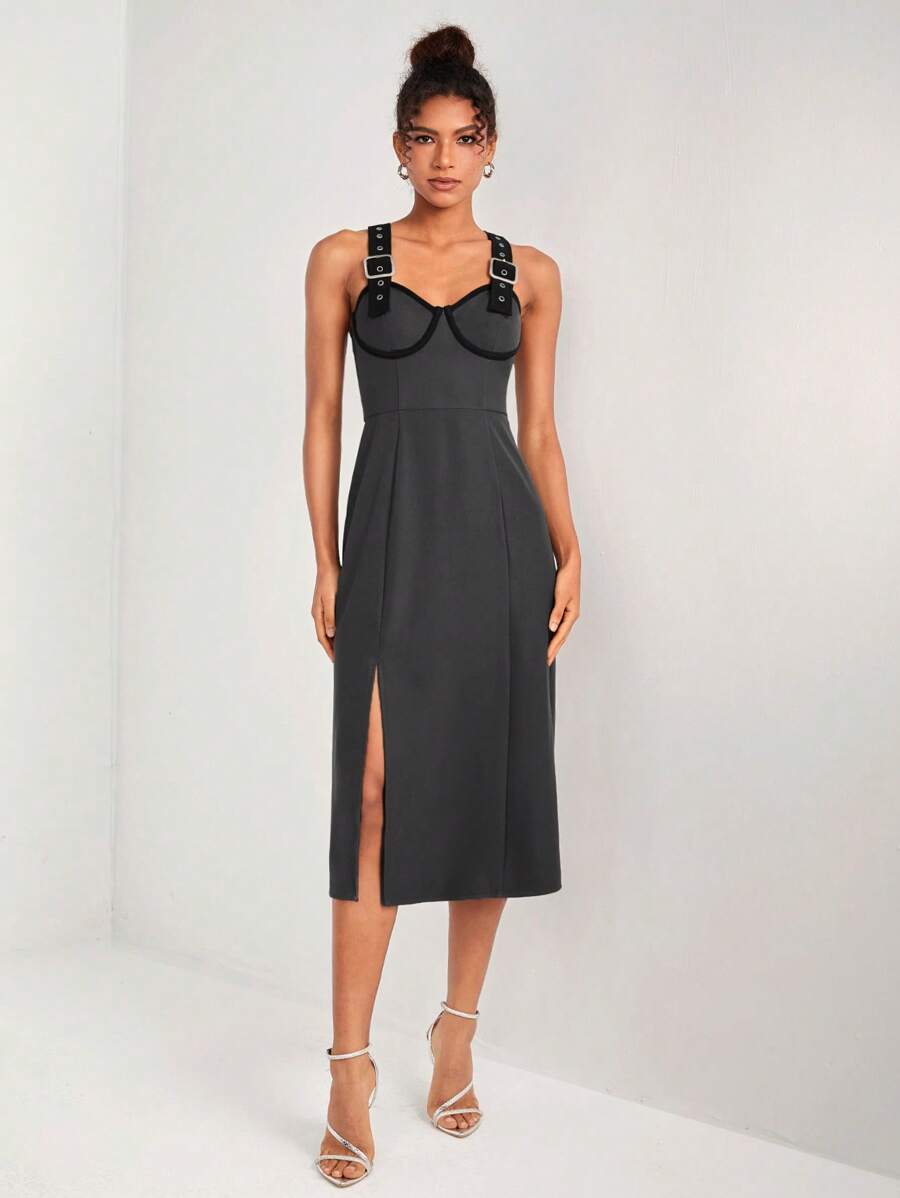 BROSKOV 设计师对比色绑带开叉大腿吊带优雅连衣裙，节日、派对、感恩节、新年前夜服装 - 深灰色 - 查看 1