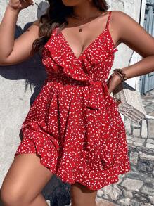 Flirla Plus Confetti Heart Print Ruffle Trim Belted Cami Dress For New Year Clothes - Red - View 6