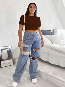 SHEIN EZwear Plus Solid Crop Tee - Coffee Brown - View 3
