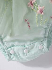 女嬰花卉刺繡網紗覆蓋派對連體衣連衣裙＆ 頭巾 - 薄荷綠 - 查看 7
