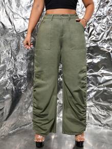 SHEIN ICON Talla grande Jeans fruncido de pierna ancha sin cinturón - Verde militar - Ver 3