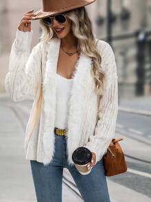 SHEIN LUNE 素色落肩袖毛茸邊麻花編織開襟開衫 - 米色 - 查看 6