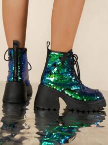 Women's Fashionable Lace-up Boots With Fish Scale Sequin Decor - Green - View 4
