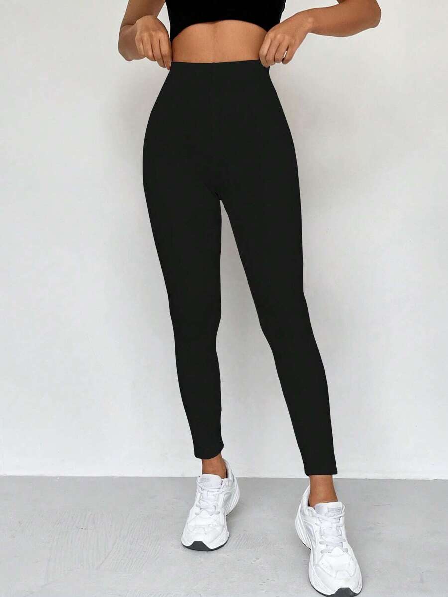 SHEIN Unity 素色高腰緊身打底褲 - 黑色 - 查看 1