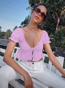 SHEIN Qutie Solid Puff Sleeve Ruffle Hem Top - Lilac Purple - View 1