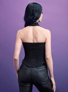 ROMWE PUNK Cut Out Front Asymmetrical Hem Denim Top - Black - View 2