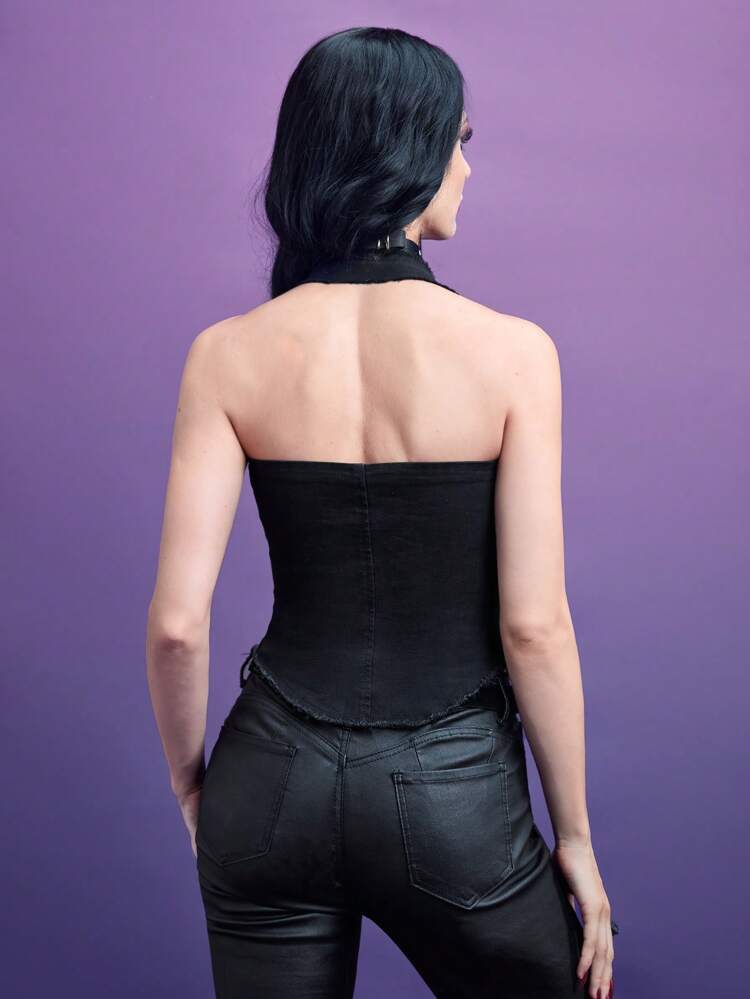 Cut Out Front Asymmetrical Hem Denim Top