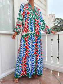 SHEIN Cottnline Allover Print Lantern Sleeve Ruffle Hem Smock Dress - Multicolor - View 5