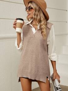 SHEIN LUNE 1pc Split Hem Sweater Vest - Camel - View 5