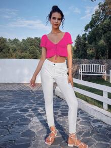 SHEIN Qutie Solid Puff Sleeve Ruffle Hem Top - Hot Pink - View 5
