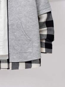 SHEIN Tween Boy Plaid Print Zip Up Hooded 2 In 1 Coat Without Shirt - Light Grey - View 6