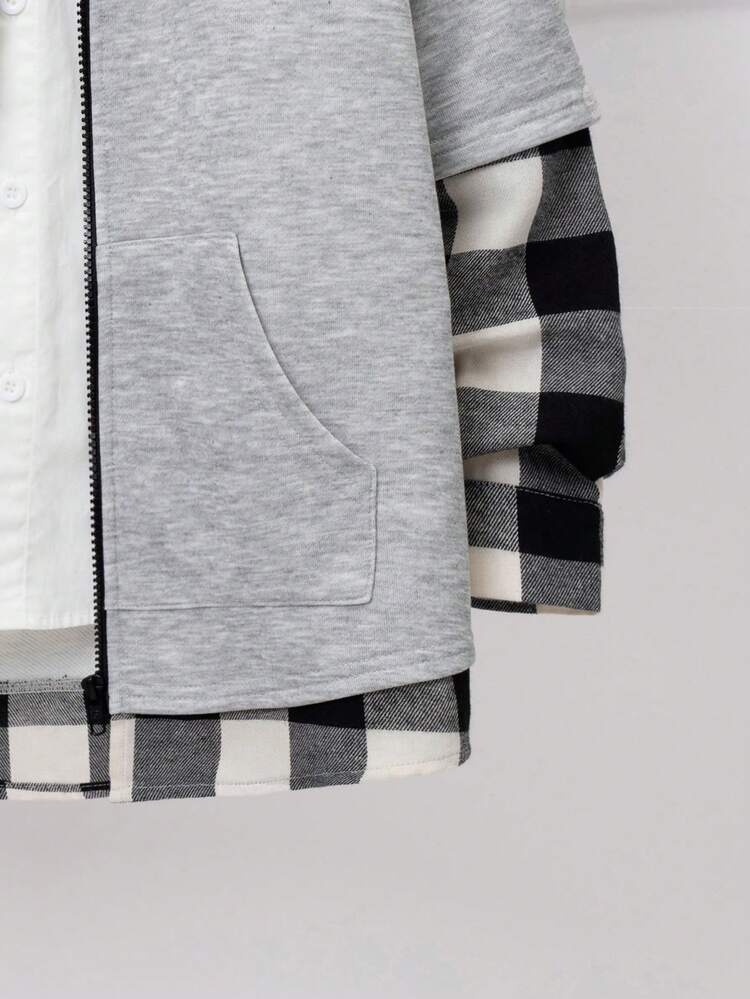 Tween Boy Plaid Print Zip Up Hooded 2 In 1 Coat Without Shirt