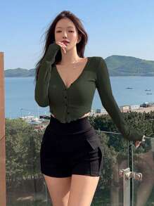 DAZY Solid Button Front Crop Tee,Fall Clothes Long Sleeve Women Tops - Army Green - View 4