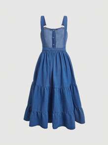 SHEIN MOD 前紐扣荷葉邊牛仔吊帶連衣裙 - 中等水洗藍 - 查看 2