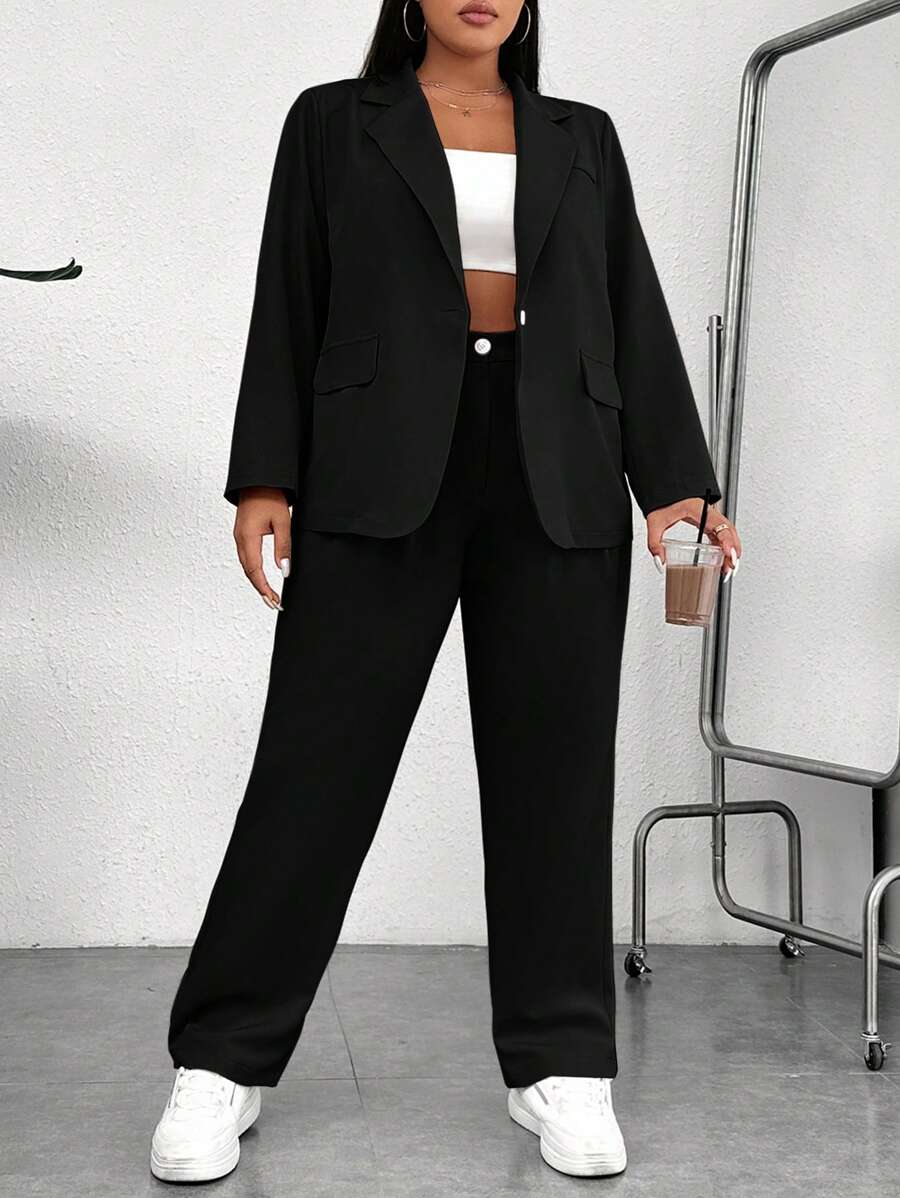 SHEIN EZwear Plus Lapel Neck Single Button Blazer & Pants