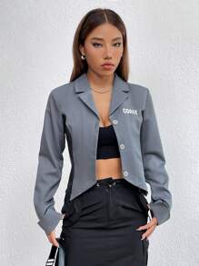 Flirla Letter Graphic Two Tone Asymmetrical Hem Blazer Fall Cloth For Women - Multicolor - View 4