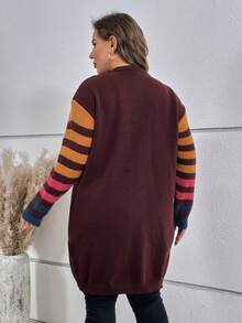 SHEIN LUNE Áo khoác cardigan họa tiết sọc cỡ lớn thả vai - Màu nâu Sô-cô-la - Xem 2