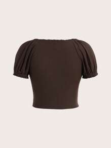 ROMWE PUNK 素色前紐扣泡泡袖襯衫 - 巧克力棕 - 查看 2