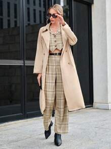 SHEIN BIZwear 格紋印花馬甲西裝外套&闊腿褲不附腰帶 - 卡其色 - 查看 5