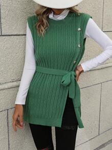 SHEIN LUNE 1pc Button Detail Cable Knit Belted Sweater Vest