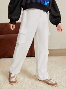 SHEIN Casual Loose Fit Cargo Pants For Tween Boys - White - View 5