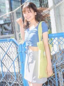 Muchica 無地柄 ドローストリング フリルの付いた Tシャツ - ダスティブルー - チェックする 3