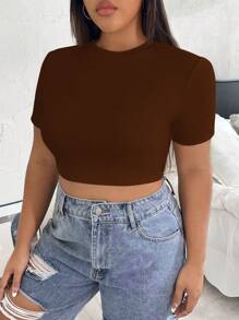 SHEIN EZwear Plus Solid Crop Tee - Coffee Brown - View 4