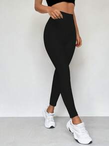 SHEIN Unity 素色高腰緊身打底褲 - 黑色 - 查看 4