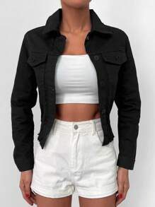 EURMUSE Flap Pocket Raw Hem Denim Jacket - Black - View 1