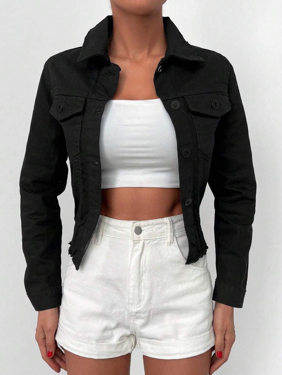 EURMUSE Flap Pocket Raw Hem Denim Jacket - Black - View 1