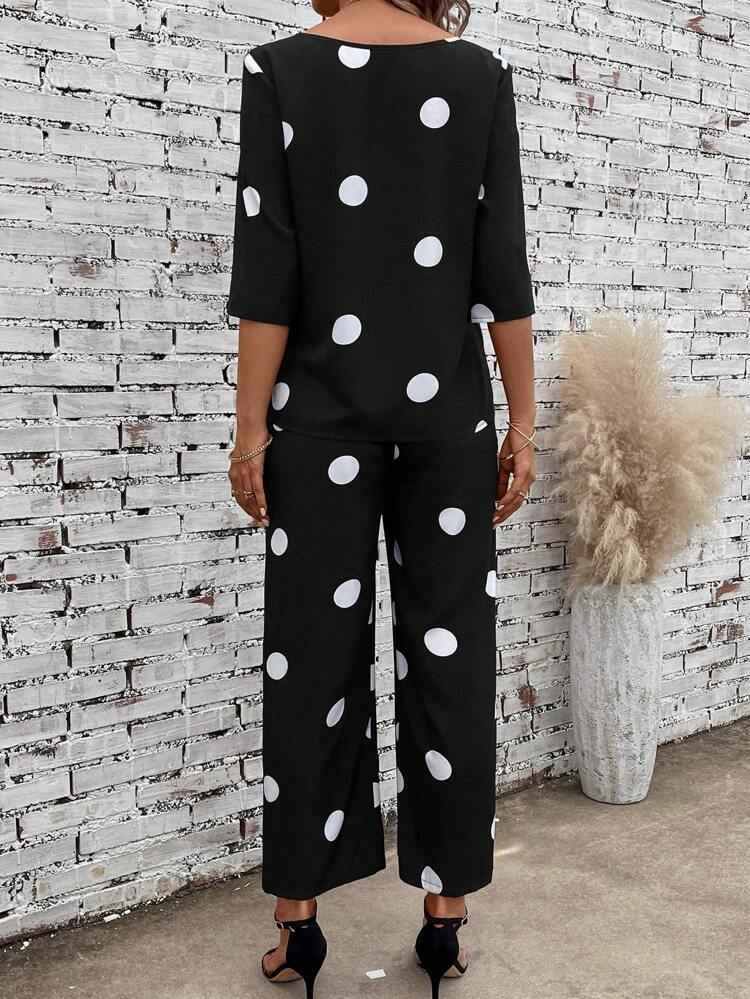 Polka Dot Print Blouse & Wide Leg Pants