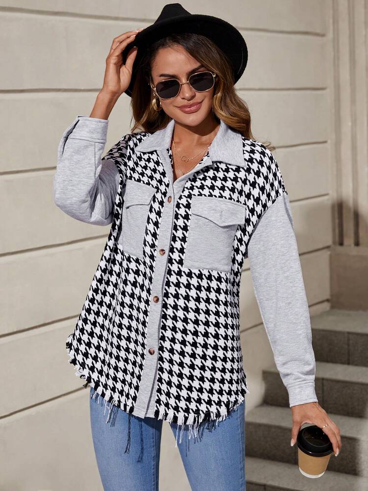 Houndstooth Print Drop Shoulder Flap Pocket Coat