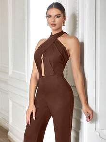 Solid Twist Front Halter Neck Backless Jumpsuit - Brown - View 3