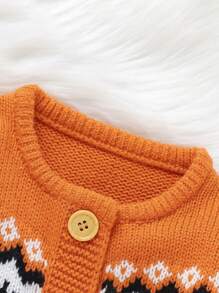 Baby Girl Halloween Pumpkin Pattern Cable Knit Jumpsuit - Orange - View 3