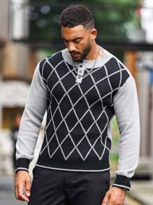 Manfinity Homme Men Argyle Pattern Quarter Button Sweater