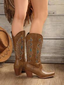 秋冬女装时尚四季西部风休闲马靴女牛仔靴女款，女式牛仔靴 - 棕色 - 查看 2