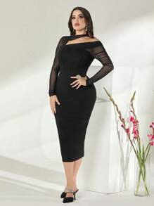 Modelyn Cotton Asymmetrical Neck Contrast Mesh Bodycon Dress Without Belt