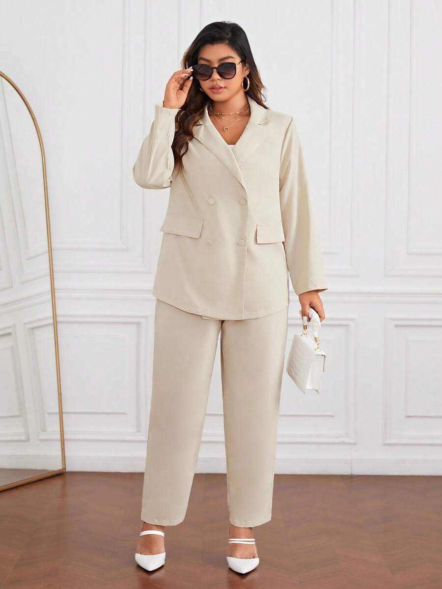 SHEIN Essnce Plus Solid Blazer & Pants - Beige - View 1