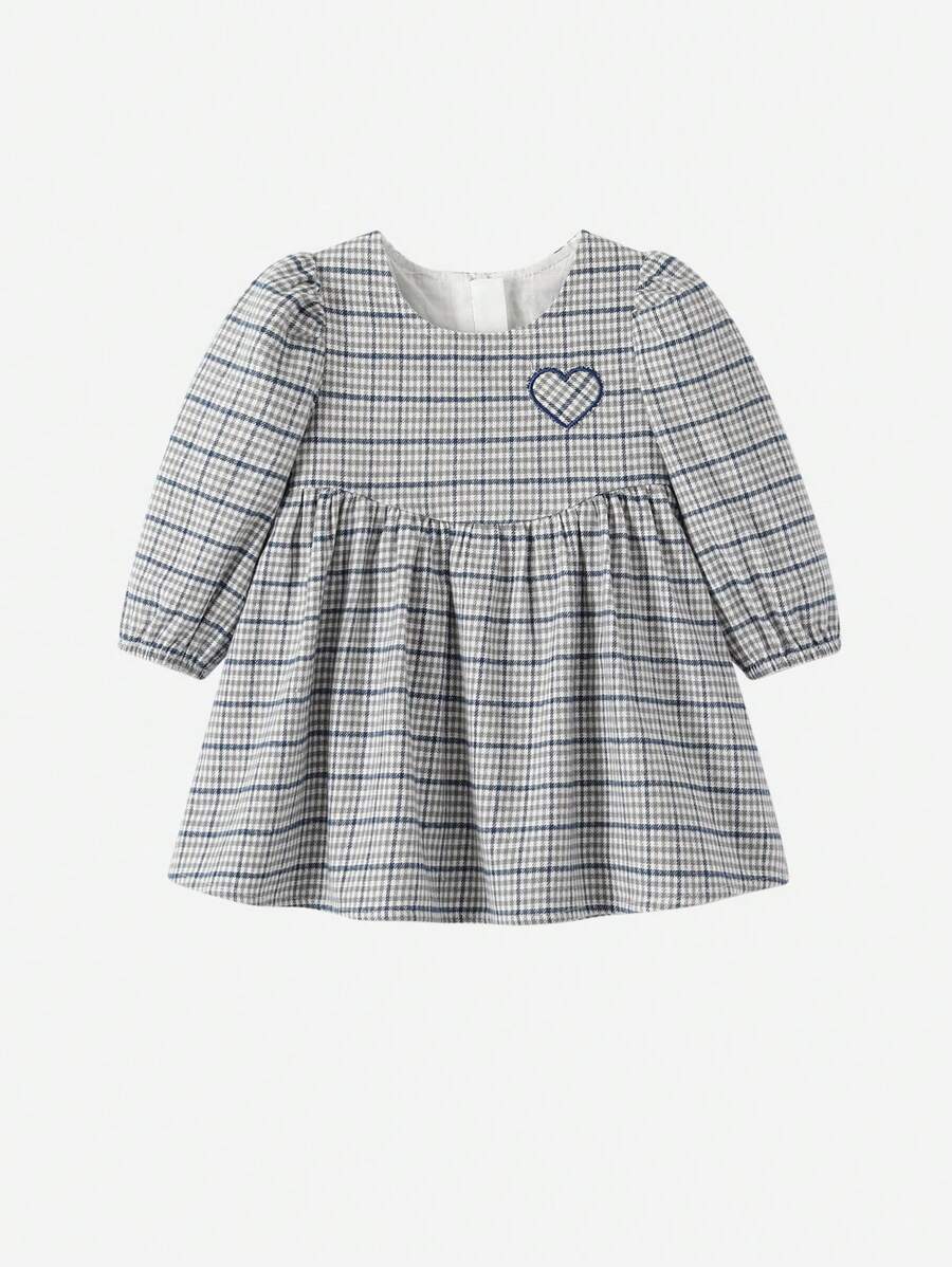 女嬰格紋印花愛心刺繡泡泡袖娃娃裙