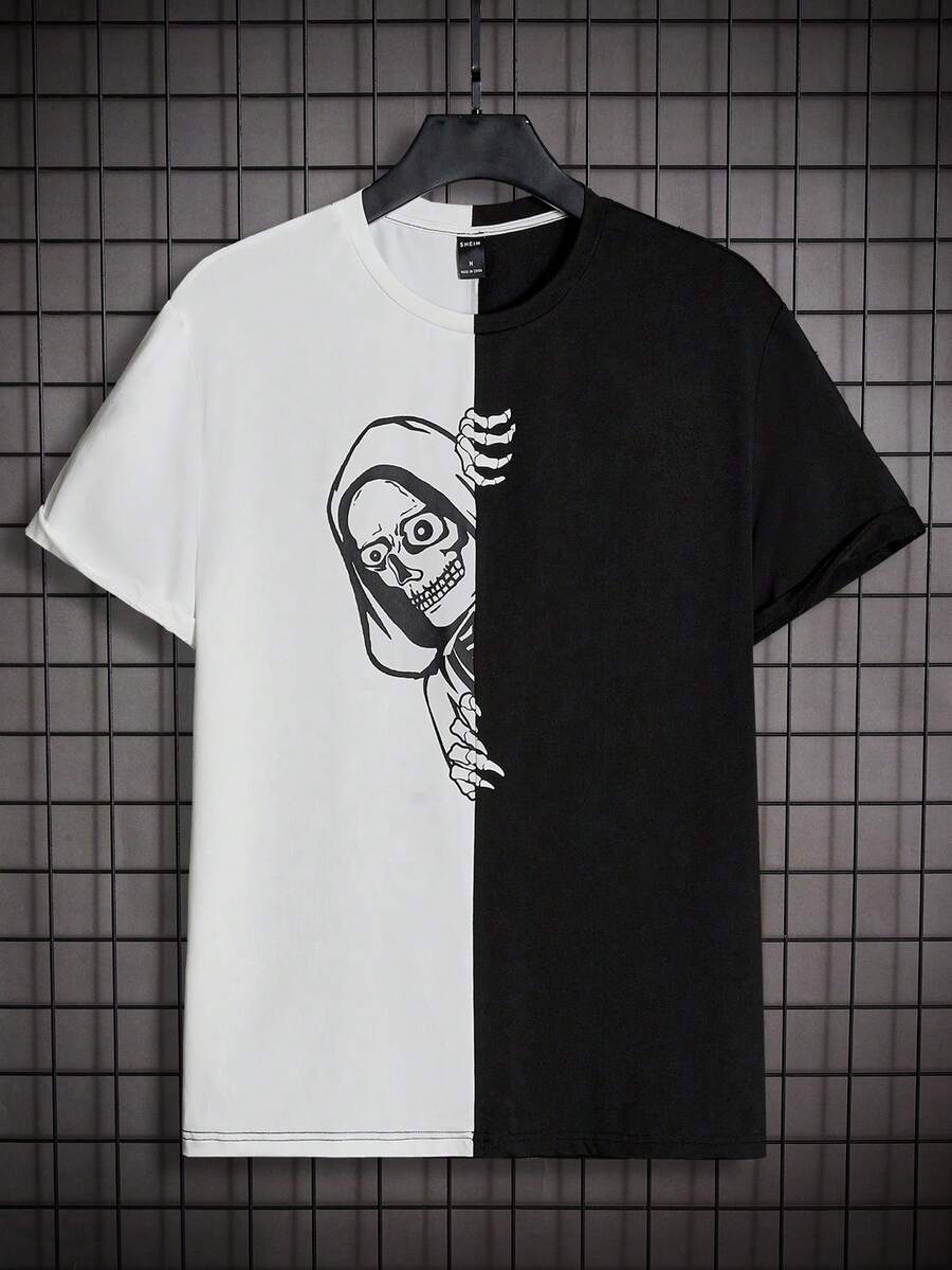 GENTILAND 男士萬聖節兩色骷髏印花T恤 - 黑與白 - 查看 1