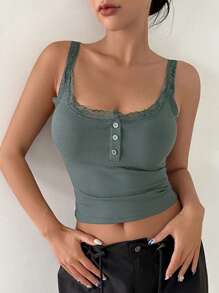 DAZY Trang trí ren Nút phía trước Cắt chóp Cami - màu xanh lá - Xem 1