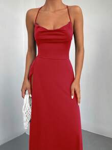 EURMUSE Draped Collar Split Thigh Cami Dress - Red - View 4