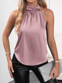 SHEIN Clasi Solid Satin Halter Blouse