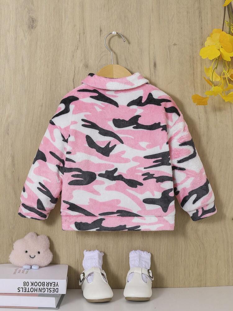 Baby Girl Camo Print Flap Pocket Teddy Lined Coat