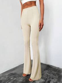 EURMUSE High Waist Flare Leg Trousers - Beige - View 4