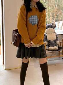 Plaid Print Drop Shoulder Jumper - Orange - View 4