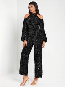 SHONTAY RACQUEL Off Shoulder Halter Neck Lantern Sleeve Sequin Jumpsuit - Black - View 5