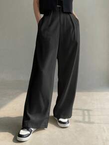 DAZY Solid Slant Pocket Wide Leg Suit Pants,Women Dress Pants Business Attire - Black - View 3