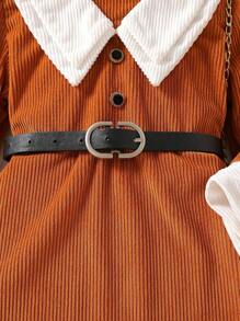 SHEIN Young Girl Contrast Collar Puff Sleeve Belted Dress - Rust Brown - View 5